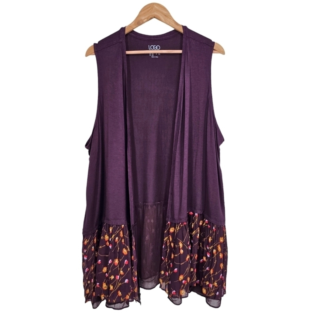 LOGO Lori Goldstein Eggplant Solid Open Front Pleated Floral Hem Fall Vest 2X